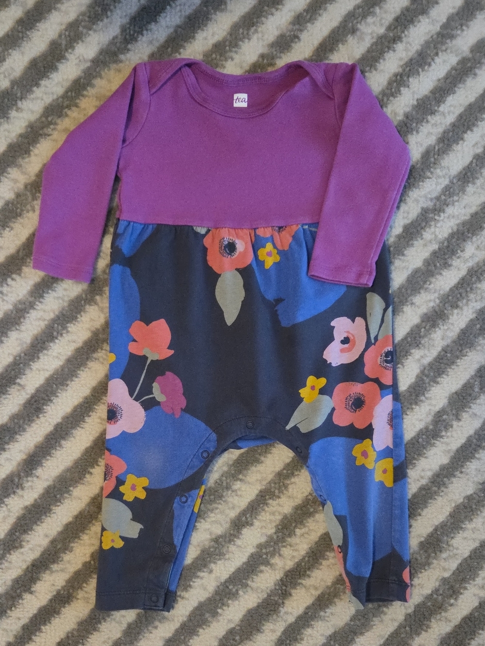 Tea Collection Purple Top Navy Floral Long-Sleeve One-Piece
